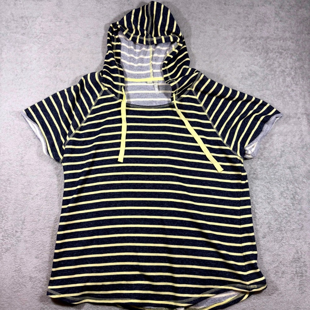 Silverwear Short Sleeve Hoodie Womens 2X Blue Yellow Striped Terry Pullover